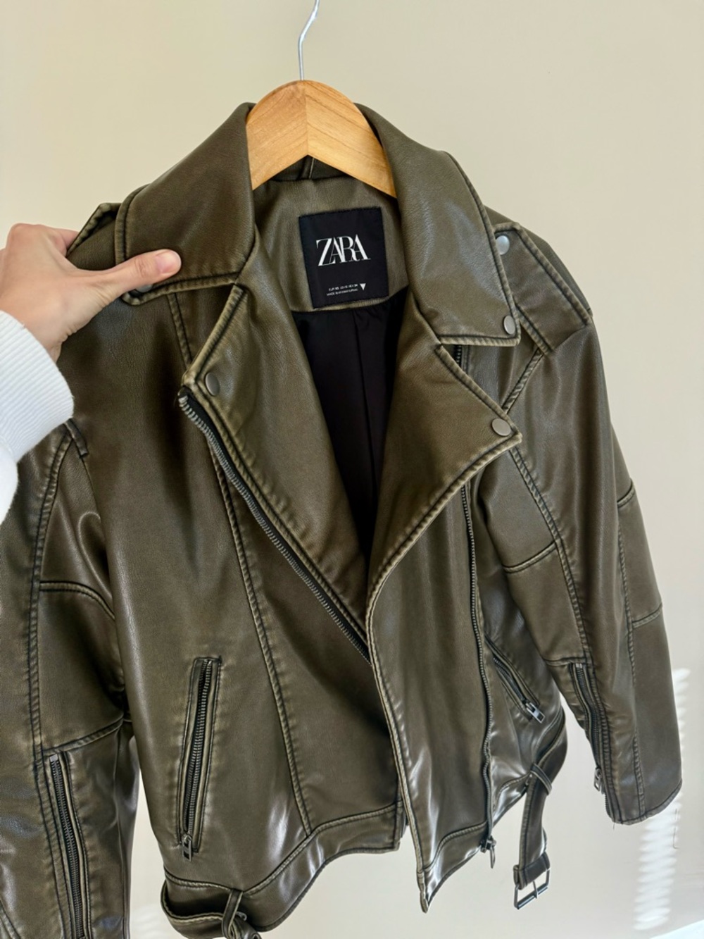 ZARA Olive Faux Leather Moto Jacket with Belt